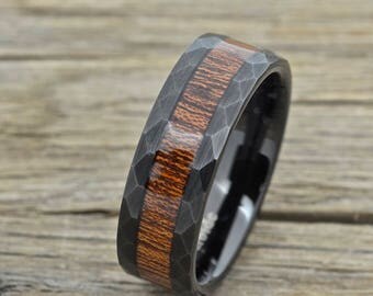 Black Tungsten Wood Ring With Hawaiian Koa Wood Inlay, Hammered and Brushed 8mm Comfort Fit Wedding Band
