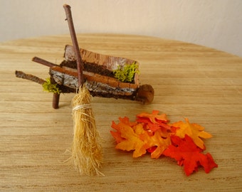 Miniature Wheelbarrow and Broom, Handmade fairy tools