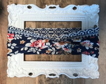 Navy Vintage Floral Adult/Toddler/Infant Handmade Twist Turban Headband