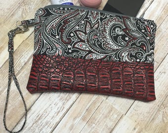 Red Pasley/Vegan Alligator Wristlet Clutch