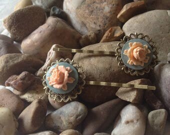 Peach Bronze Vintage Peony Flower Cameo Hair Bobby Kirby Clips Grips Slides Pins - Handmade - Brand New