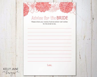 Pink Shower Advice for the Bride Activity Cards - Bridal Shower Activity - Pink Floral - Flower Printable Bridal Shower Activity PD01