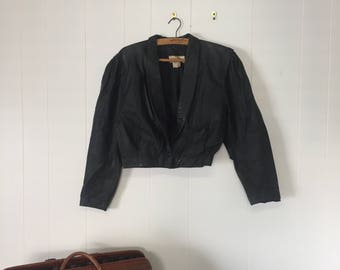 VINTAGE Cropped Black Leather Jacket Size 12