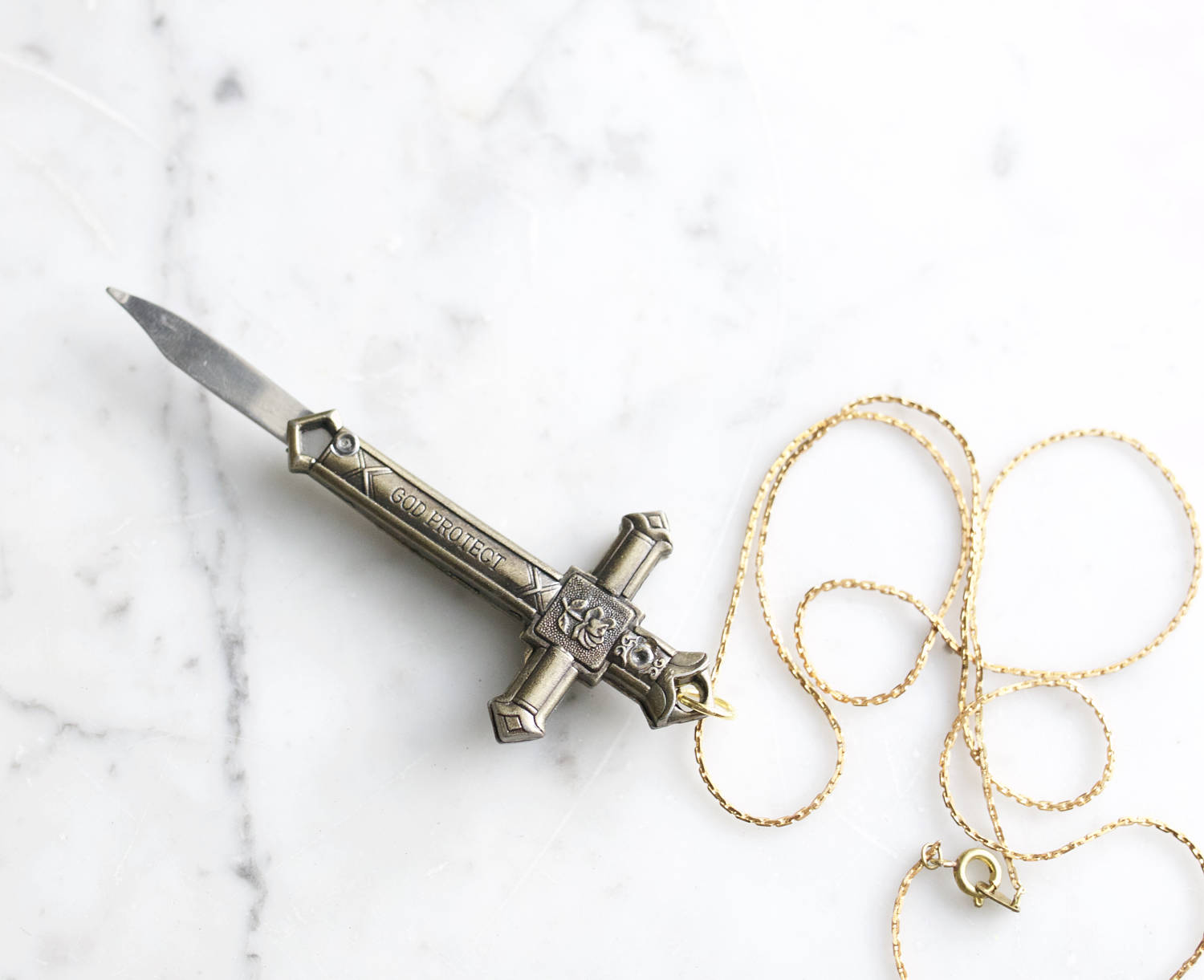 Crucifix Cross Pocket Knife Necklace Brass Religious Symbol