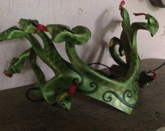 Medusa headpiece, dark and light greens with golden serpent scale accents