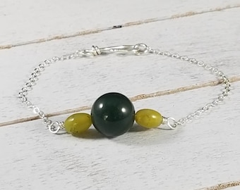 Green Jade, Light Green New Jade, and Agate Sterling Silver Bracelet / Jade Chain Bracelet / Sterling Silver Chain Bracelet / Handmade