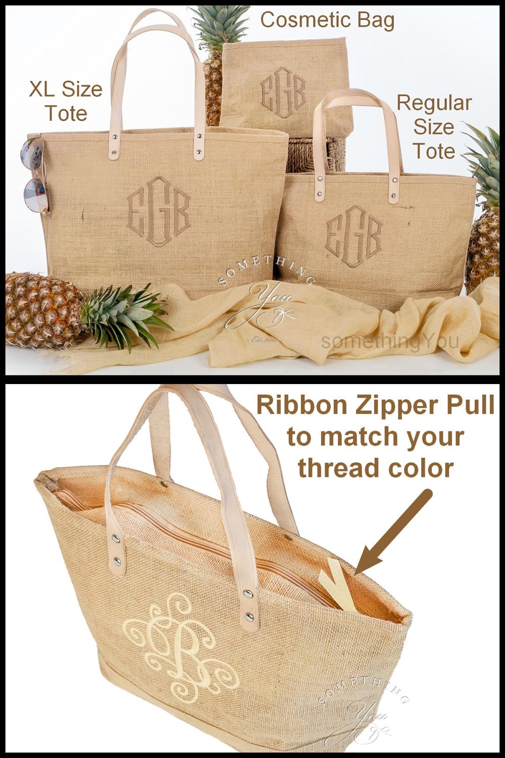 Monogram Jute Tote Bag Personalized Natural Burlap totes
