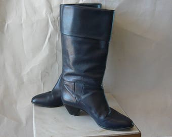 Vintage Blue Leather Cuff Boots / size 7 m Eu 37 .5 UK 4 .5 / Navy Pirate Slouch Knee Riding Boot / Hana MACKLER 1980s / made in ITALY
