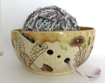 Knitting Organizer -Yarn Bowl - Dandelions - Hand Thrown Ceramic Stoneware Pottery