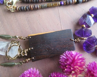 Raw Clear Quartz Crystal Statement Necklace - Dark Purple Black Brown - Dreamcatcher - Long Boho Gypsy Jewelry - Brass Feather Wood Pendant
