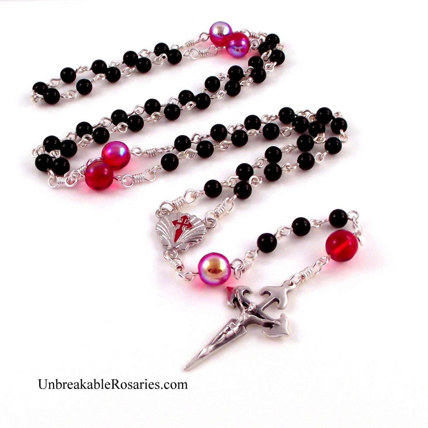 St James Camino de Santiago Rosary Beads in Black Onyx and Red
