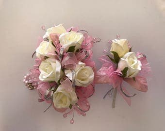 SALE Pink Ivory Roses Corsage Set