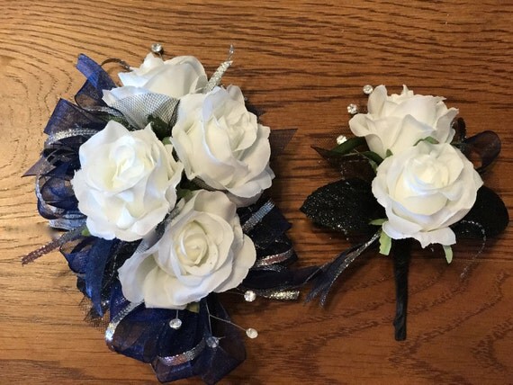 Navy Blue Silver White Rose Corsage Set Artificial Flowers