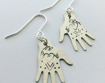 Silver Tone Frida Kahlo Hand Earrings - Heart Design - Tattoo