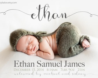 Fancy NAME BIRTH ANNOUNCEMENT - Photo Baby Announcement - Baby Girl Announcement - Baby Boy Announcement - Newborn Modern Printable Digital