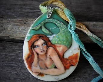 Amazing Mermaid at the beach - fused glass pendant - mermaid necklace