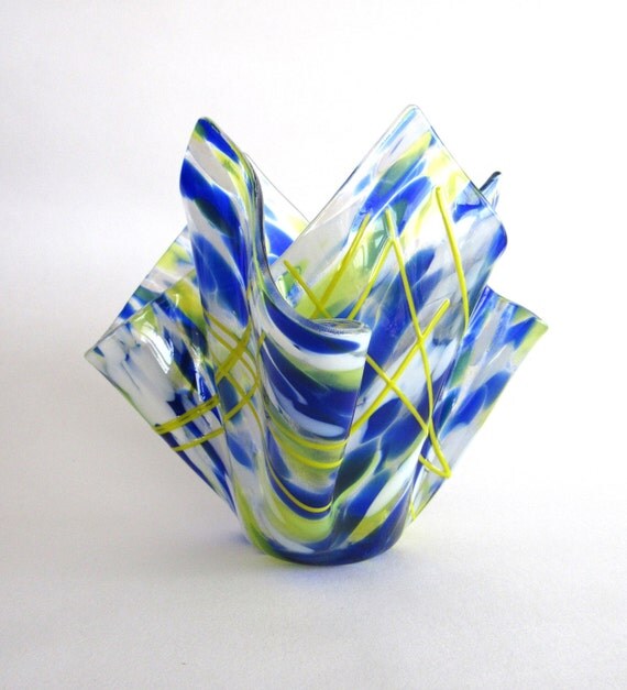 Fused Glass Vase Handkerchief Cobalt Blue Yellow Transparent