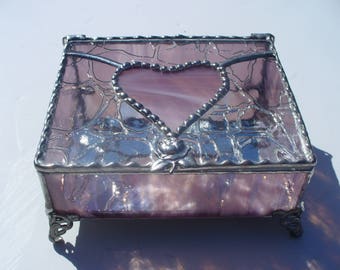 Ready to Ship, Roses and Hearts, Stained Glass Jewelry Box, Glass Jewelry Box, Your choice of Handle and Color