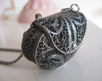 Tiny Antique Doll Purse Silver Etruscan Filigree 1 1/4" for French Bique Doll Necklace