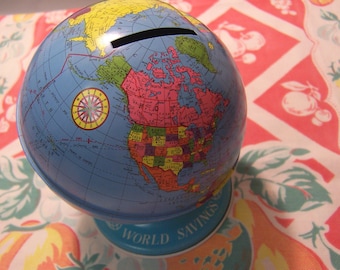 world savings tin metal globe bank