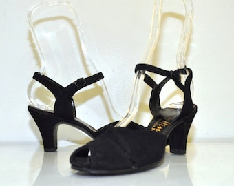 40s Vintage Black Leather Peep Toe Heels | by Hines | Size 6