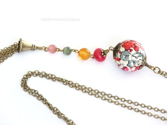 Long off-white red and green Liberty boho tassel necklace, Liberty necklace, Liberty jewelry, Boho necklace, Boho chic necklace, Boho jewel