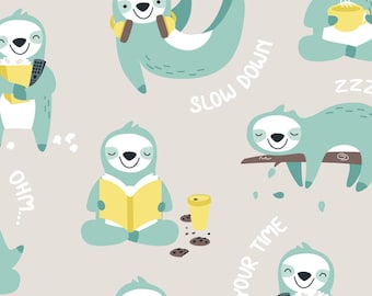 Sloth Fabric - Lazy Sloth - Grey Mint By Ewa Brzozowska - Sloth Cotton Fabric By The Yard With Spoonflower