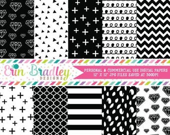 50% OFF SALE Digital Papers, Black & White Digital Paper Pack, Diamonds Triangle Striped Doodle and Cross Patterns, Digital Scrapbooking Pap