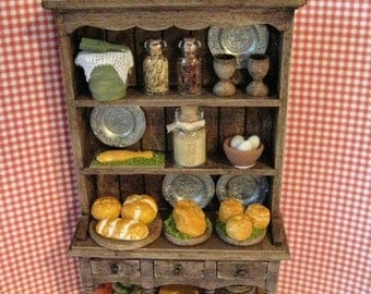 Tudor Hutch, filled dresser, Hutch and accessories, Medieval Kitchen Dresser, Twelfth scale miniature, dollhouse mini