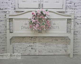 Queen Headboard, Distressed White Cottage Style - Chic BD401 Shabby Farmhouse Chic, Paris Stencil