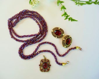 Destash Vintage Purple Jewelry Lot - Beaded Lariat Necklace, Rhinestone Clip On Earrings, Cabochon Rhinestone Pendant Act II