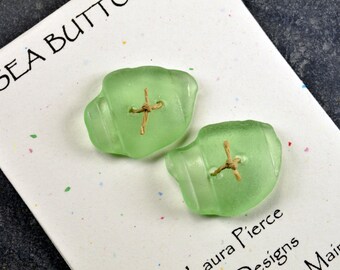 Pair of little fish two sea foam green genuine Maine sea glass buttons eco friendly accent for sweaters shawls jackets and jewelry craft