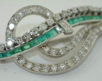 RESERVED for REB. Art Deco 18K White Gold Diamond & Emerald Brooch