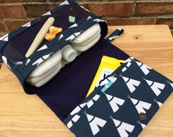 New and larger tee pee diaper bag, new parents gift, diaper clutch with clear zipper pouch, baby bag organizer, navy blue diaper purses