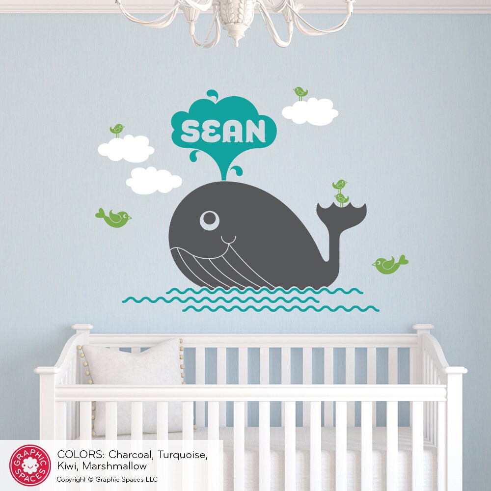 Whale Name Wall Decal Personalized Water Spout Baby Nursery
