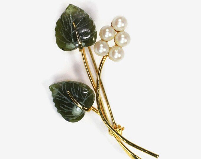 Carved Jade and Faux Pearl Brooch Floral Design Vintage