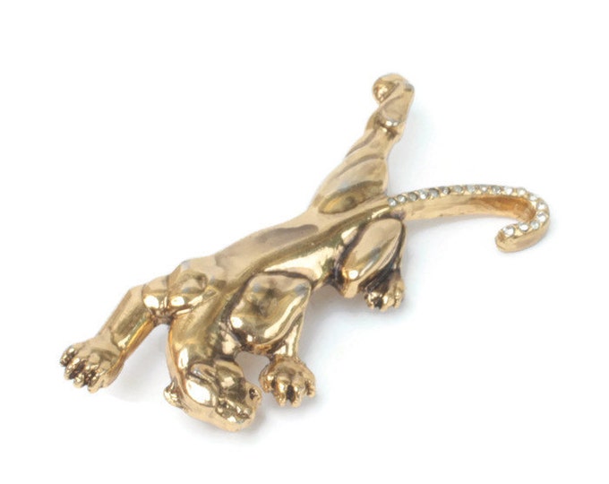 Panther Brooch Rhinestone Tail Gold Tone Vintage Figural Big Cat