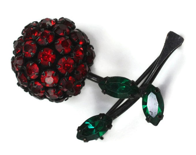 Red Rhinestone Cherry Brooch Warner Japanned Metal Vintage