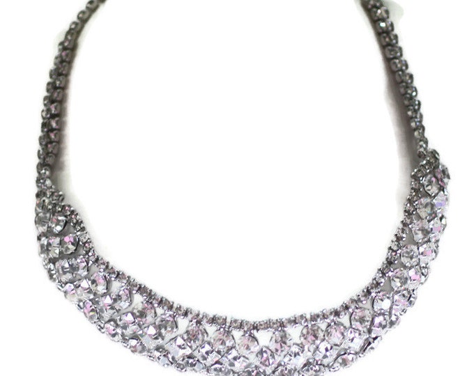 Rhinestone Collar Necklace Clear Crystals Vintage Wedding Bridal Diva Glamor Girl