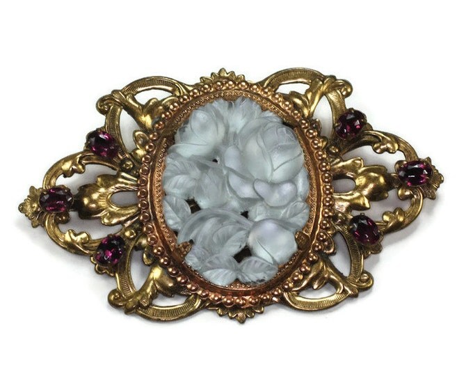 Molded Satin Glass Roses Brooch Amethyst Glass Stones Czech Vintage