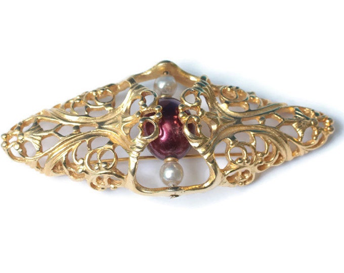 Large Faux Pearl Filigree Brooch Napier Diamond Shaped Burgundy Pearl Book Piece 1985 Worldly Temptations