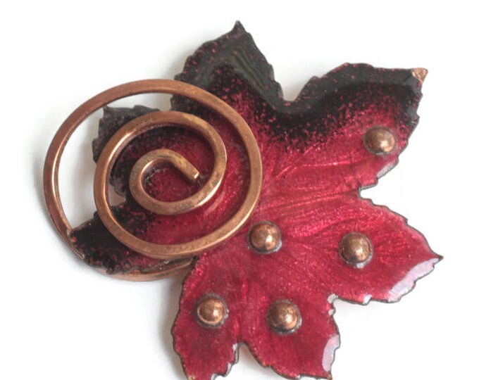 Matisse Red Enamel Copper Leaf Brooch Vintage