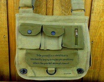 Accomplishment Emerson Quote on Military Style Purse. Crossbody or Shoulder Bag. Hand painted.