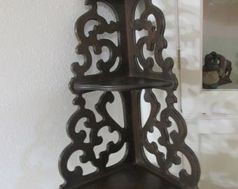 Vintage Corner Shelf Wood 3 Tier Scroll Work