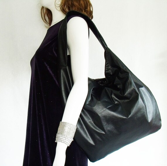 Black Faux Leather Handbag shiny black slouchy hobo shoulder