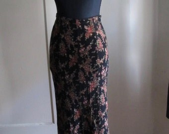 90s Betsey Johnson Fishtail Hem Black Floral Skirt