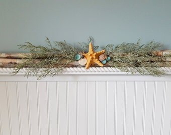 Beach Nautical Christmas Decoration, Christmas Decor, Seashell Christmas Decor, Coastal Christmas, Birch Log Bundle w Shells, Starfish, 27"