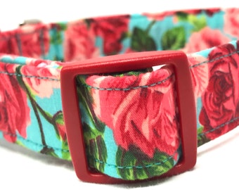 Red Aqua Roses Dog Collar Fabric Girl Pink Blue Flowers