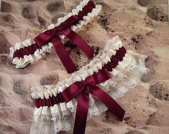 Wedding Garter Belt Toss Set Burgundy Maroon Wine Ivory Ribbon Ivory Lace Bridal Wedding Garter Toss Set Ready to Ship