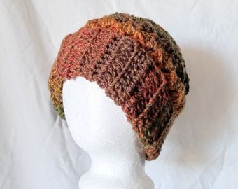 Slouchy winter hat Orange brown green hat Crochet chunky cloche Acrylic Warm beanie Winter accessories Striped toque Grunge fashion Gift